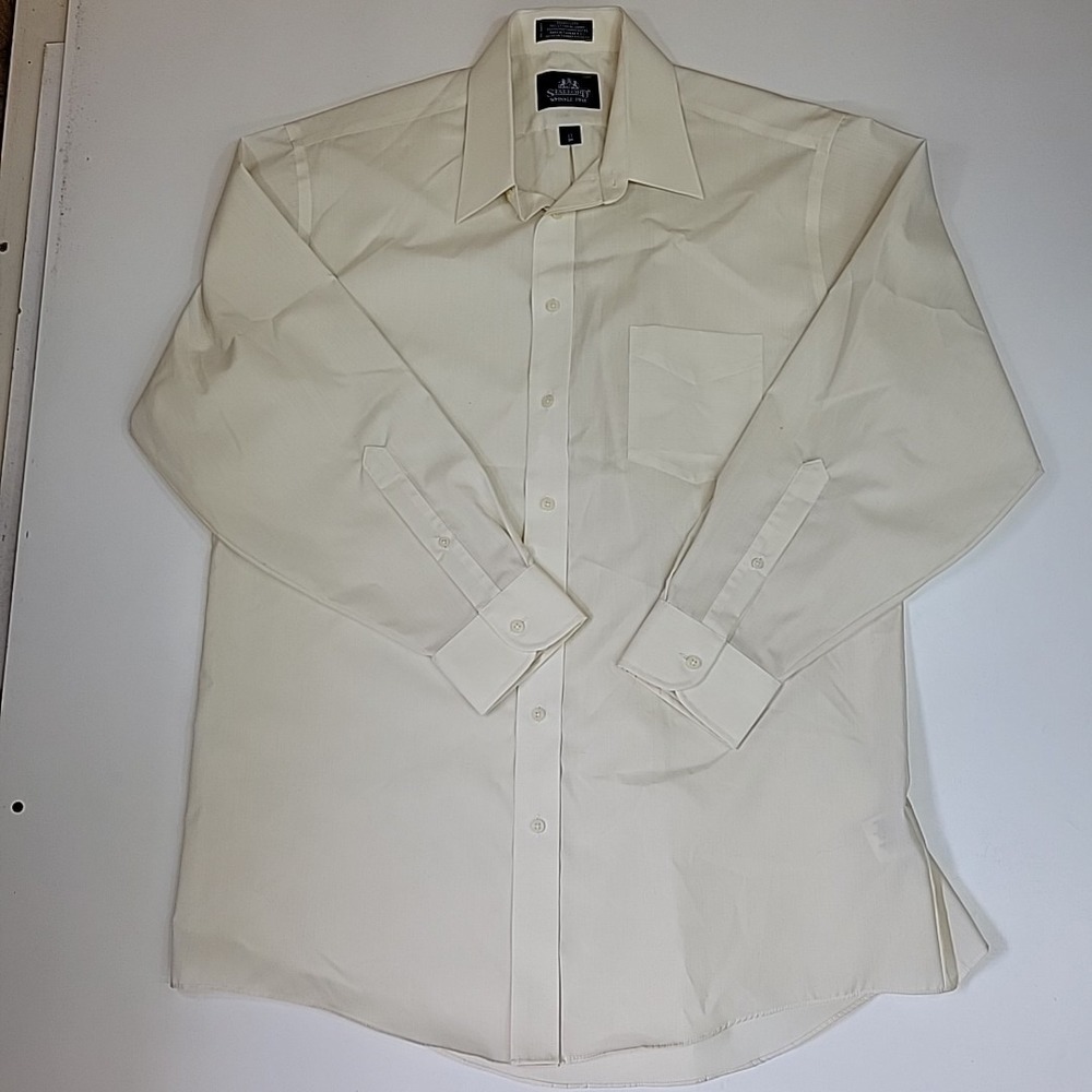 Stafford Men's Shirt 17/34 Pale Yellow Long Sleeve Button Up Wrinkle Free Dressy
